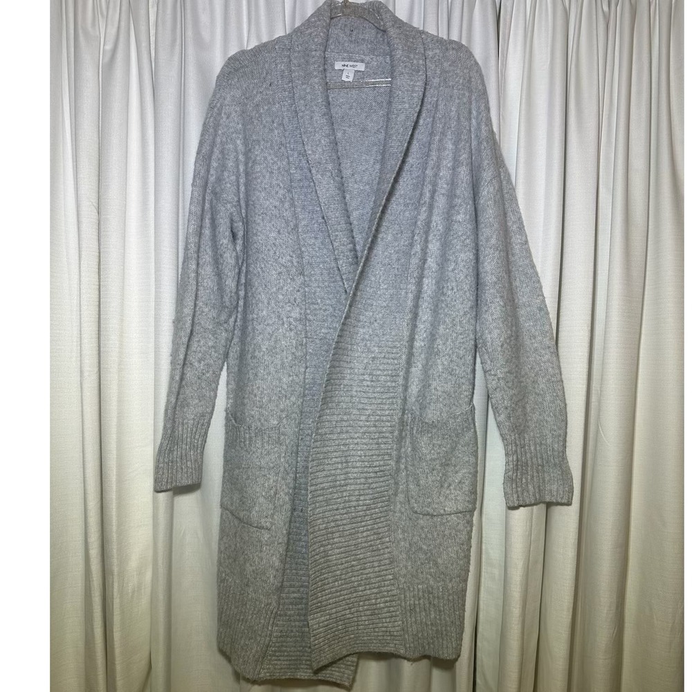 Nine West Women's Long Open Front Cardigan Sweater Light Gray Size L